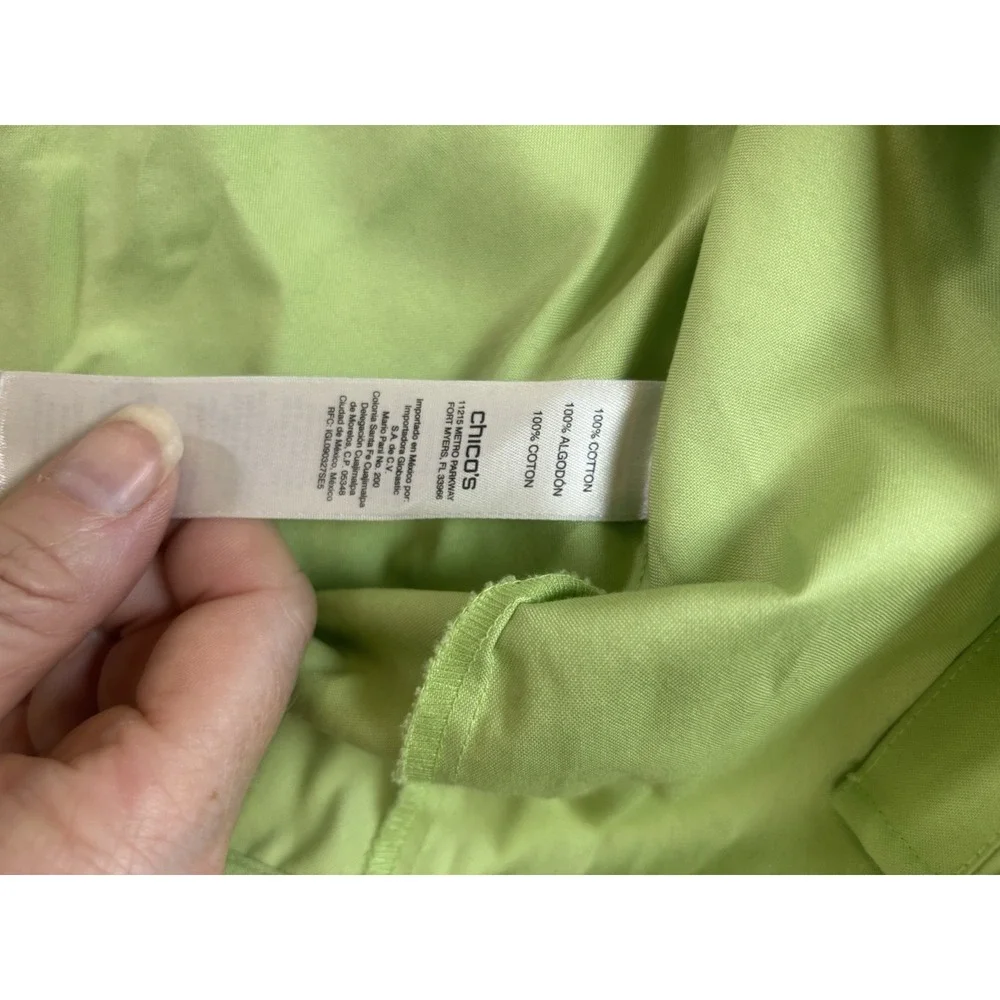 CHICO'S Button Up Blouse Top Size 2 /Large Apple Green Cotton 3/4 Sleeve